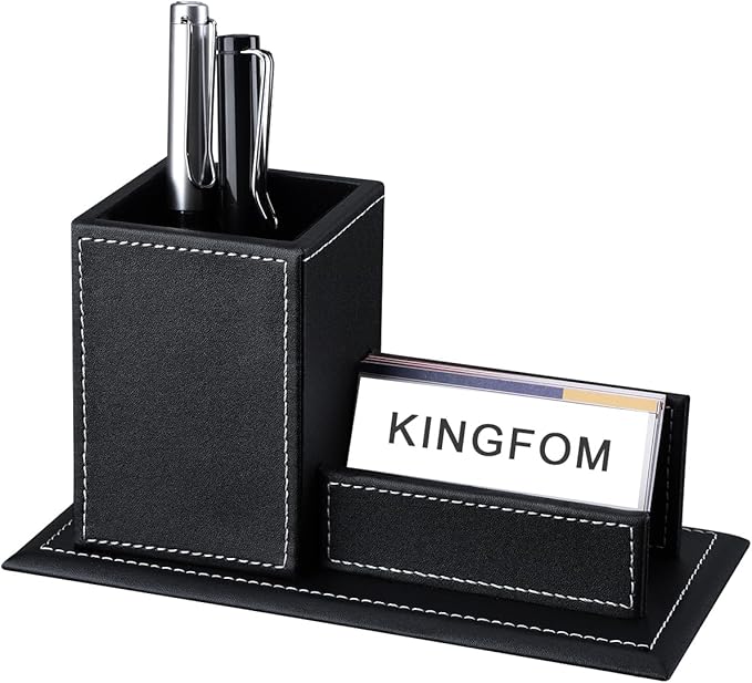 KINGFOM PU Leather Desk Organizer and Accessories, Pencil Holder for Desk with Business Cards Stand, School Office Supplies Collection Caddy Black