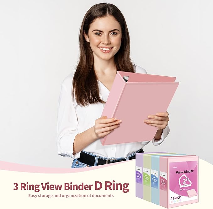 SUNEE 3 Ring Binder 2 Inch, Clear View Binder Three Ring PVC-Free (Fit 8.5x11 Inches) for School or Office Supplies, Assorted Pastel, 4 Pack