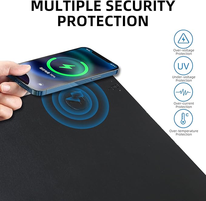 Wireless Charging Mouse Pad with for Desktop Charging Large Desk Mat 32"x16" Waterproof Black Leather Computer Mat Mousepad Non-Slip Protector on Top of Desks for Keyboard and Mouse(Black-L)