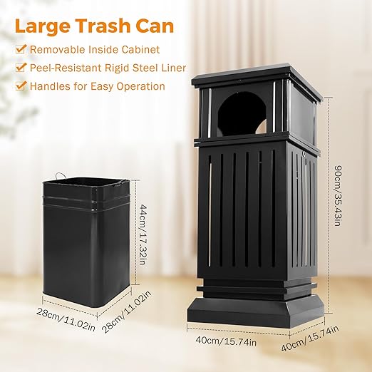 BEAMNOVA Trash Can Outdoor Top Tray Black Stainless Steel Commercial Garbage Enclosure with Locking Lid Heavy Duty Industrial Yard Garage Waste Container, 35.5 * 15.8 * 15.8 in