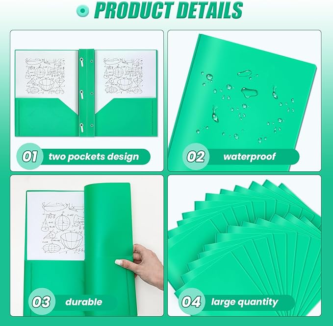 Yeaqee 60 Pcs Plastic Folders with Pockets and Prong Plastic Folders with 2 Pockets Pocket for Office, School for Students, Teachers, Office Workers (Green)