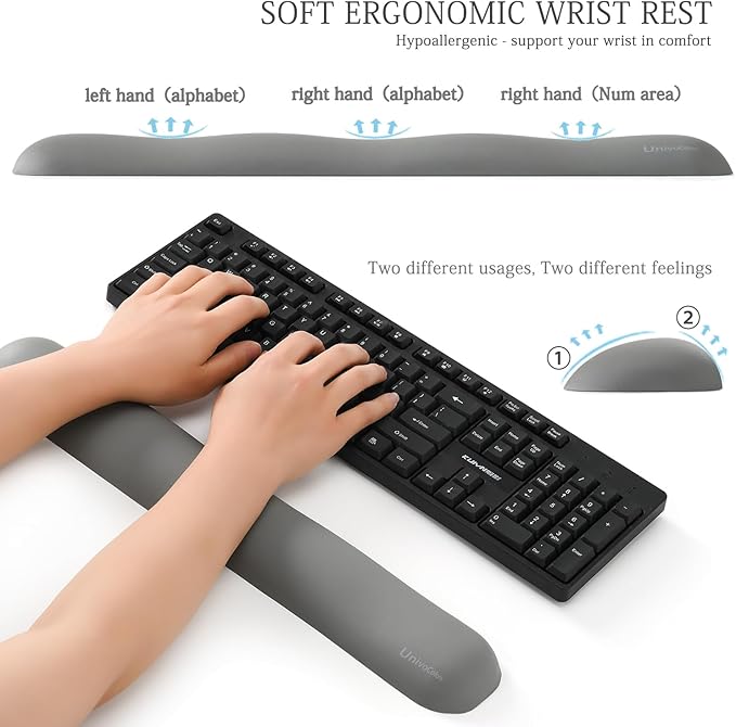 UnivoColors Design-Wave Set of Wrist Rest,Artificial Sheepskin+Memory Foam+Ergonomic+Anti-Slip Gel, Resilience Support During Work and Gaming,Keyboard Accessory,Grey