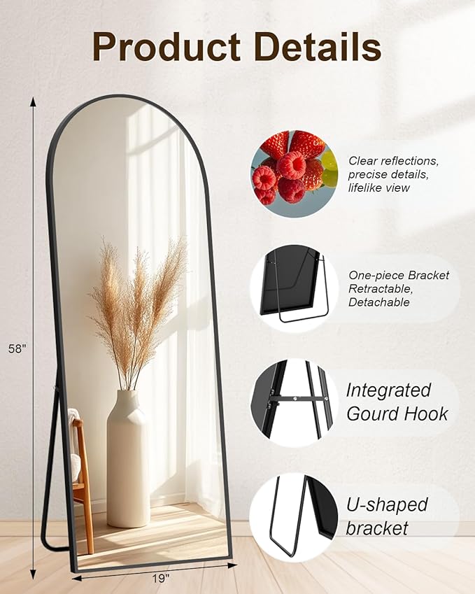 SUNQUEEN 58"x19" Floor Mirror Full Length, Arched Full Length Mirror with Stand, Full Body Mirrors for Bedroom Living Room or Cloakroom Black