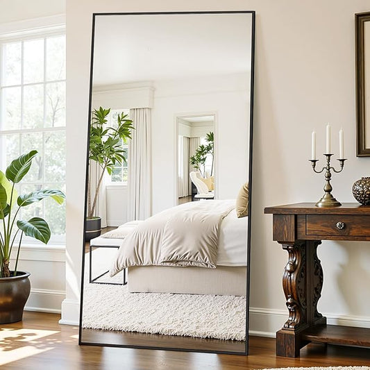 Full Length Mirror, 76"x34" Oversized Floor Mirror Freestanding, Full Body Mirror Floor Standing Mirrors with Stand, Hanging Mounted Mirrors for Bedroom Living Room, Black, Rect Style
