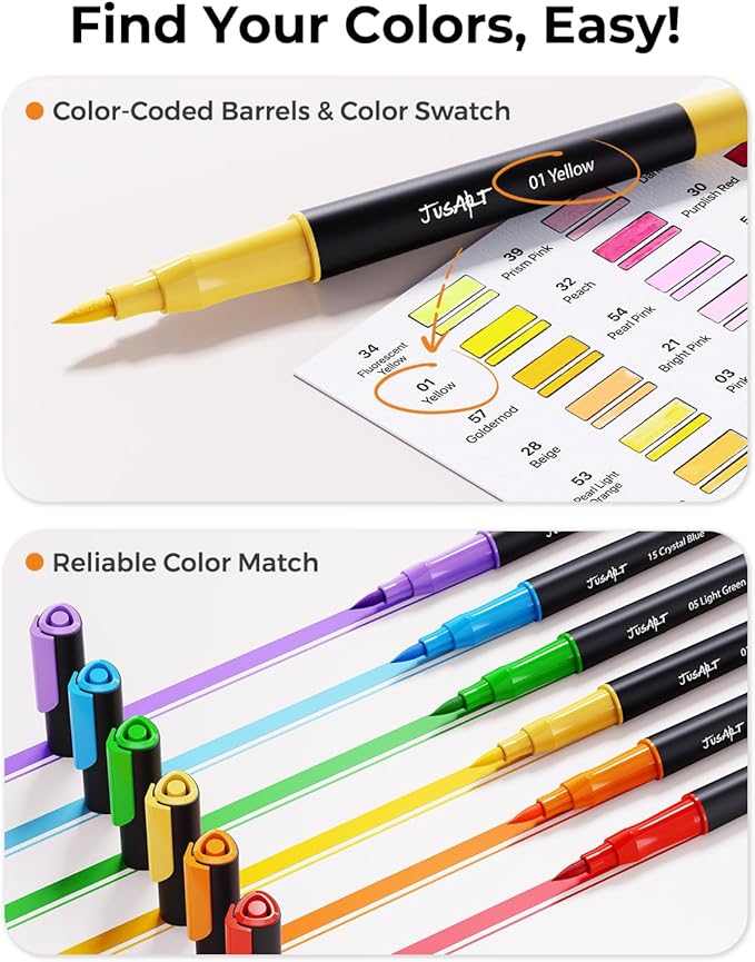 JusArt Markers for Adult Coloring Books No Bleeding, Coloring Markers with Dual Tips, Fine & Brush Pens with Ergonomic Triangle Grip & 33% More Ink, Water-Based Art Drawing Set for Adults, 80 Colors