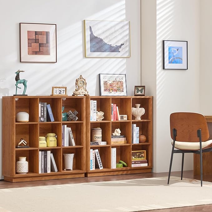 9 Cube Storage Book Shelf, 41" Tall Organizer Bookshelf with Curved Edge, Wood Floor Standing 3-Tier Cubby Bookcase with Base, Country Rustic Display Book Case for Library, Office, Brown