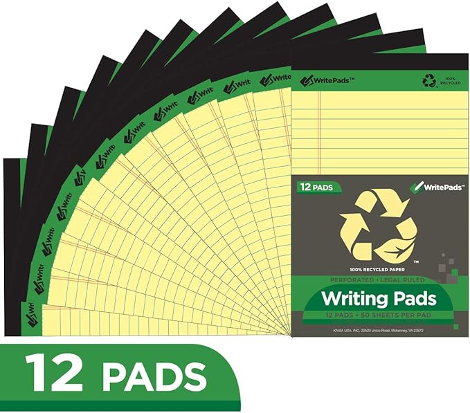 KAISA Yellow Legal Pads 12Pads Writing Pads Recycled Paper 5"x8" Norrow Ruled Lined Paper Small Legal pad Perforated 50 sheets/pad Notepads Writing Tablet Canary For Office Supplies (Canary 12pads)