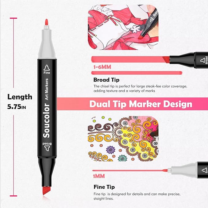 Soucolor Alcohol Markers 120 Colors with Case & Holders, Dual Tips Chisel & Fine Art Markers for Adult Coloring Kids Drawing, Artist Markers Art Supplies for Blending Sketching