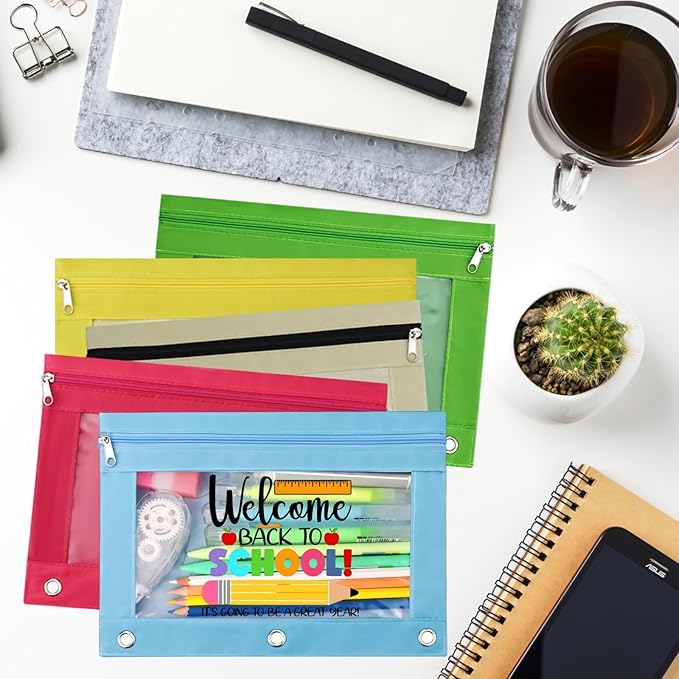 Back To School Bus Zippered Pencil Pouch for 3 Ring Binder, Cute Pen Pencil Bags Case With Clear Window Blue 2 Pack