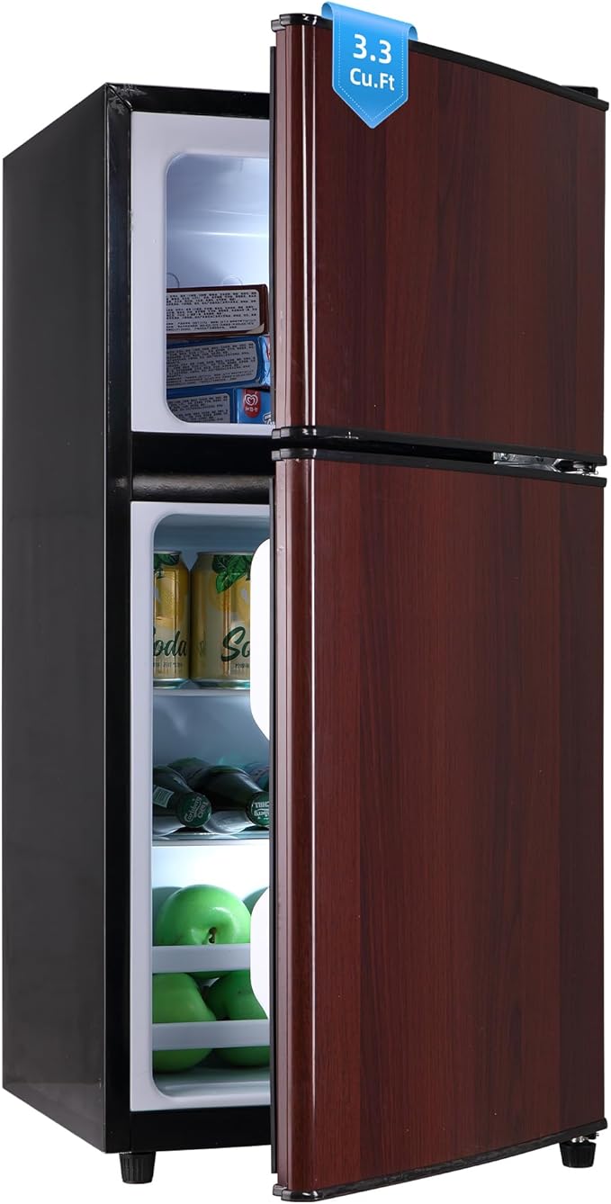 Mini Fridge with Freezer, 3.3 Cu. Ft. Double-Door Small Refrigerator with Adjustable 7-Level Thermostat & Separate Freezer, Dorm Fridge Compact for Kichen, RV, Office, Apartment, Wood