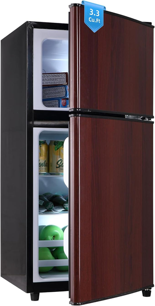 Mini Fridge with Freezer, 3.3 Cu. Ft. Double-Door Small Refrigerator with Adjustable 7-Level Thermostat & Separate Freezer, Dorm Fridge Compact for Kichen, RV, Office, Apartment, Wood