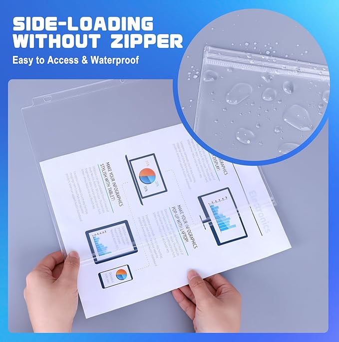 Antner 30 Pack Letter Size Binder Pockets for 3 Ring Binder, Waterproof Resealable Zip Loose Leaf File Bags Document Organizer Folders Insert Page Sleeves PVC 3-Hole Sheet Protectors for 8.5x11 Paper