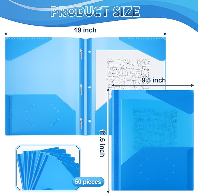 Yeaqee 50 Pack Clear 2 Pocket Folders with Prongs, Plastic Folders with Pockets and Prongs Fit Letter Size, File Folder for School Business Office Home(Blue)