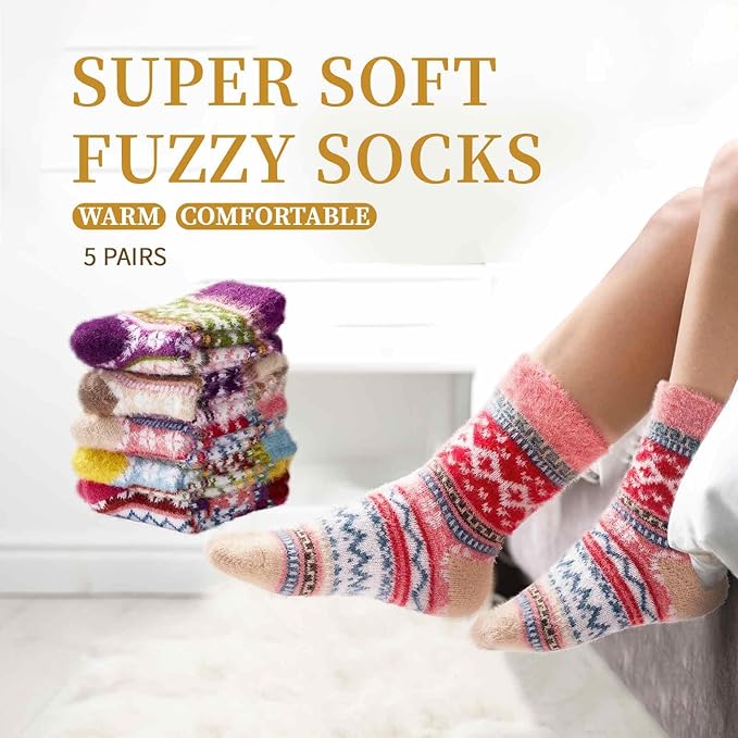 ICEIVY 5 Pair Fuzzy Cozy Socks for Women - Warm Comfy Soft Casual Home Sleep Winter Wool Socks - Gifts for Women