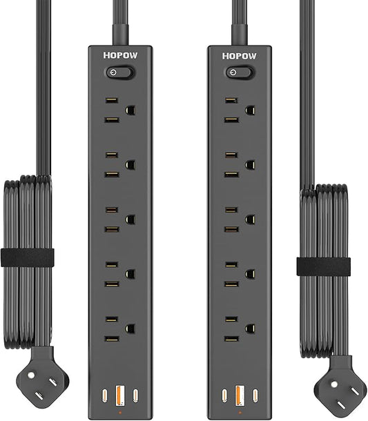 Power Strip Surge Protector, 2 Pack, 10 Ft Ultra Thin Flat Extension Cord, Surge Protector with 5 Outlets & 3 USB Ports (2 USB C), 1700 Joules, 3-Prong, Wall Mount for Home Office Dorm, Black