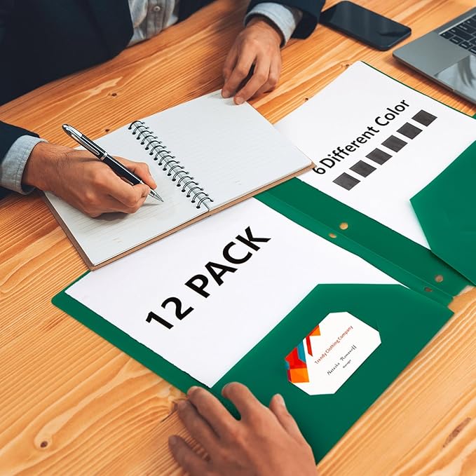 Honoson 12 Pcs Plastic Folders with Clear Front Pocket 3 Hole Punched Folders for 3 Ring Binder 1/6 Cut Tabs for Office Classroom (Bright Colors)