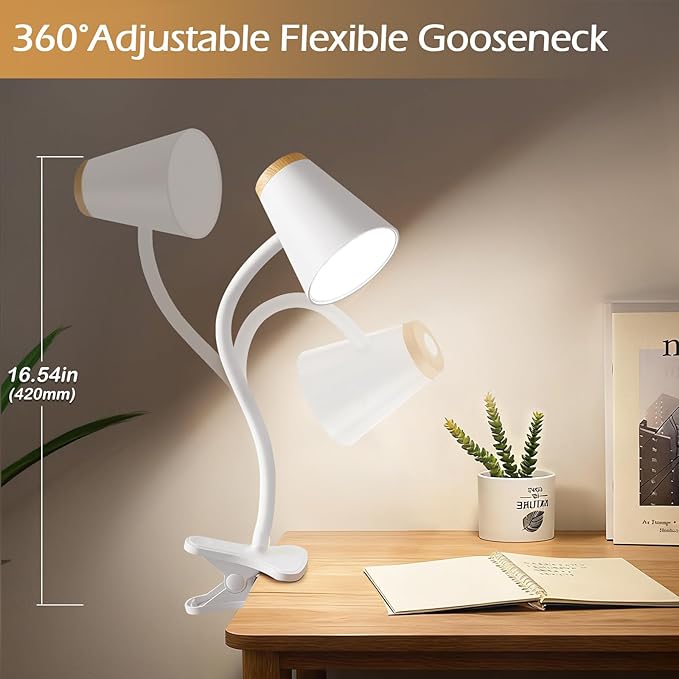 Clip on Desk Lamp for Home Office - Small LED Touch Dimmable Book Lights for Reading at Night - Adjustable Flexible Gooseneck Clamp Light Table Lamp for Bedside Bedroom Bed Headboard White