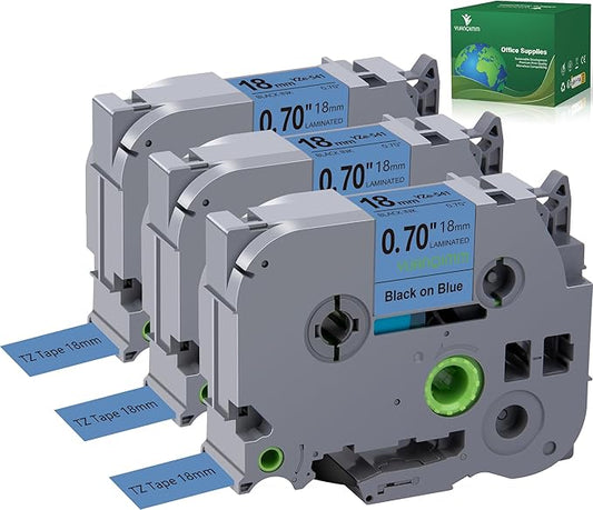 TZe-541 18mm TZe TZ Blue Tape Compatible with Brother P Touch Label Maker Tape TZ-541 TZe541 TZ541 Label Tape 18mm 0.7 Laminated Black on Blue for PT D400 D600 D610 P710bt, 3-Pack