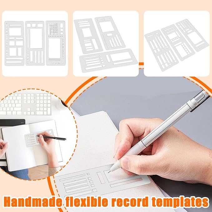 Handmade Flexible Record Template, Planner Stencil Set for Dot Grid Journals, Flexible Drawing and Checklist Templates, for Journaling Checklists Boxes Lines & Daily Planning, Set of 3 Pack (C)