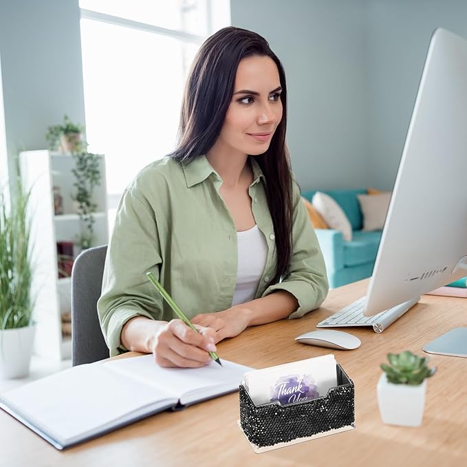 PATIKIL Rhinestone Business Card Holder, Crystal Business Card Holders Bling Business Card Organizer Display Stand for Desktop Desk Office Exhibition, Black