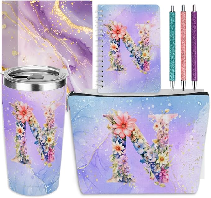 Personalized Gifts Monogrammed Birthday Gifts for Women, Colleague, Female Farewell Christmas, Initial 20 oz Tumbler, Makeup Cosmetic Bag Cup Pens Journal Notebook 6 Set, (Aesthetic Purple Flower N)
