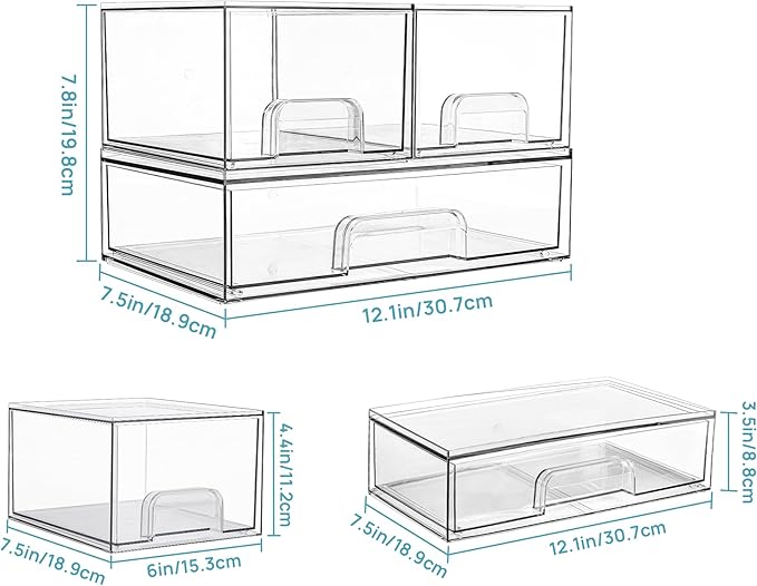 Vtopmart Stackable Storage Drawers Set of 3,Clear Plastic Organizer Bins for Makeup, Cosmetics, Beauty Supplies,Ideal for Vanity, Bathroom,Cabinet,Pantry Organization