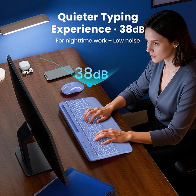 Purple Keyboard and Mouse Wireless Combo, 4000mAh Rechargeable Backlit Quiet Keyboards mice Set, USB Ergonomic Key Board with Wrist Rest & Phone Holder for PC, Mac, Windows, Natural Soft Typing