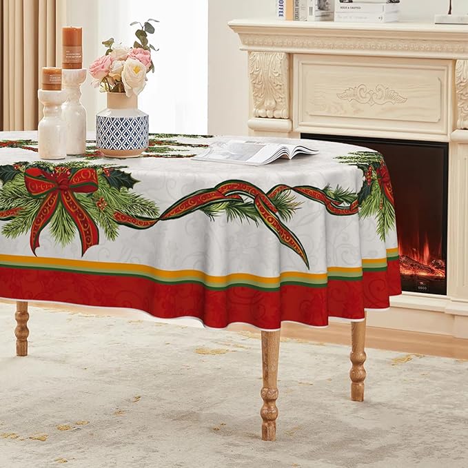 Horaldaily Christmas Tablecloth 60×84 Inch Oval, Poinsettia Golden Ribbon Washable Table Cover for Party Picnic Dinner Decor
