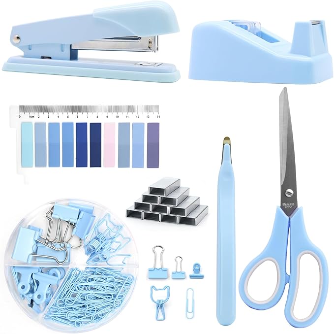 OfficeMate Stapler & Tape Dispenser Set - Blue Desk Accessory Kit, Gift for Students, Women, Coworkers, Boss Lady, Office Clerks