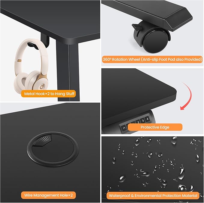 Himimi Electric Standing Desk 55 x 24 inch for Home Office,Sit-Stand Adjustable Desk with Memory Presets,Height Adjustable Desk for Gaming/Working,Free Hook, Lockable Wheels,Mouse Pad,Black