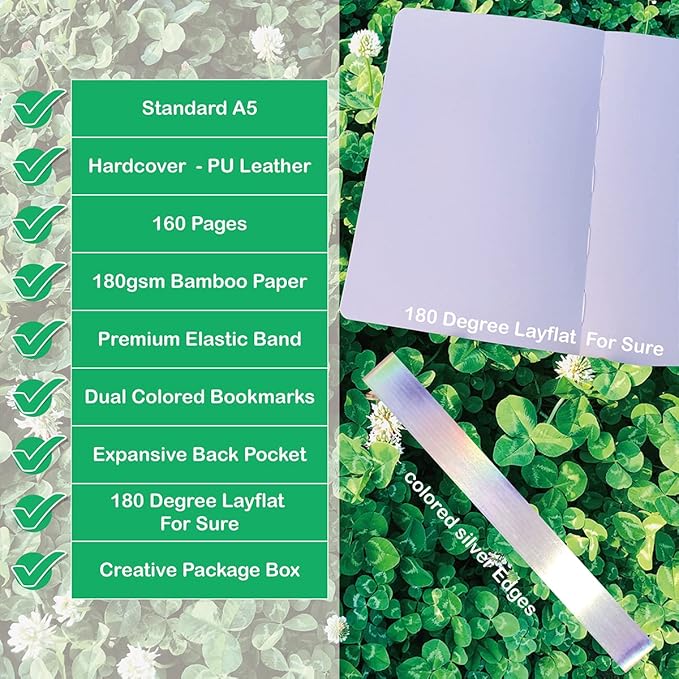 Dotted Notebook Journal 180GSM Bamboo Thick White Paper 160 Pages 5 * 5MM Dot Grid, Lay Flat Binding,Colored Silver Edges, Bookmarks and Expandable Back Pocket (BKP-3)