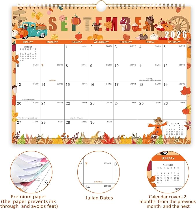 2026 Calendar - 2026 Wall Calendar, Jan. 2026 - Dec. 2026, 14.6'' x 11.4", 12 Months Hanging Monthly Calendar 2026, Holidays, Large Block, Twin-Wire Binding- 12 Different Themes