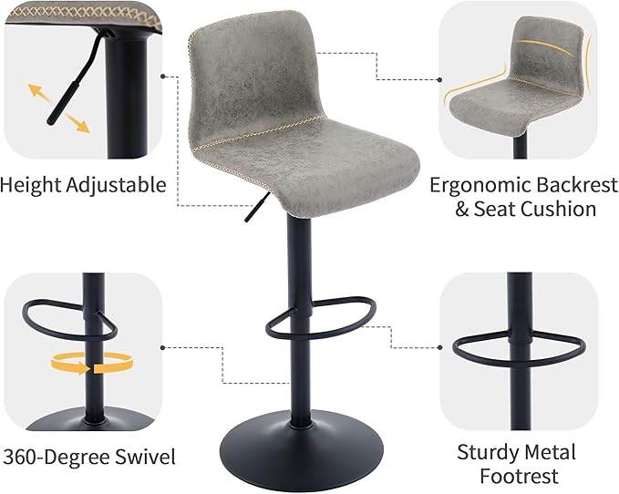 HeuGah Swivel Bar Stools Set of 4, Counter Height Bar Stools with Back, Adjustable Bar Stools 24" to 32", Gray Faux Leather Bar Chairs for Kitchen Island (Gray, Set of 4 (24'' to 32''))