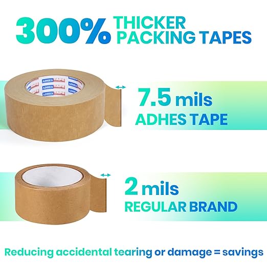 ADHES Heavy Duty Kraft Paper Tape, 7.5mil, 2 Inch x 55 Yards x 12 Rolls, Biodegradable Paper Packing Tape Writable & Uncoated Brown Packing Tape for Shipping, Moving, Sealing