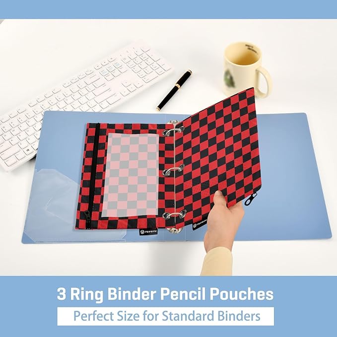 ALAZA Pencil Pouch for 3 Ring Binder, Red Black Checkered Plaid Binder Pencil Pouches with Clear Window Zipper Pencil Case Cosmetic Bags for Office College Supplies, 2PCS