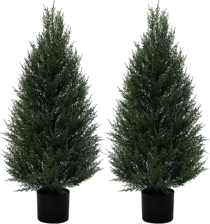 2Pack 3ft Outdoor Artificial Cedar Topiary Trees, All-Weather Faux Pine for Home Porch Entryway Decor