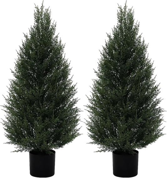 2Pack 3ft Outdoor Artificial Cedar Topiary Trees, All-Weather Faux Pine for Home Porch Entryway Decor