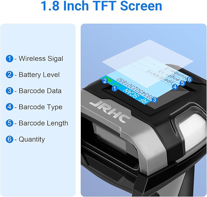 Barcode Scanner Wireless, JRHC Industrial 1D Laser Bar Code Scanners 2 in 1 Plug and Play Rugged Heavy Duty & IP65 Waterproof, Long-Distance Wireless Handheld Barcode Reader with 1.8" Screen