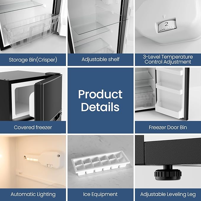 Kismile 4.5 Cu.Ft Mini Fridge with Freezer, Compact Mini Refrigerator with Adjustable Removable Glass Shelves,Small Fridge with 2 Doors for Home,Kitchen,Dorm,Apartmen, Black