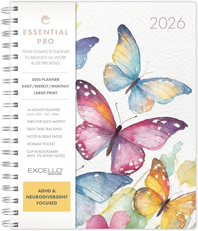 Essential PRO 2026 Daily, Weekly & Monthly Planner, 7"x9": 14 Months (Nov 2025 - Dec 2026) Monthly Tabs,Daily Tracking,Notes Pages,Storage Pocket,Bookmark w Sticky Notes (Watercolor Butterflies)