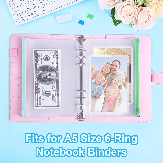 Antner 30PCS A5 Binder Pockets 6-Hole Cash Stuffing Envelopes for Money Saving, 10 Assorted Color Zipper Pouch Folders Budget Planner Inserts Loose Leaf Money Organizer Bags for A5 6-Ring Binder