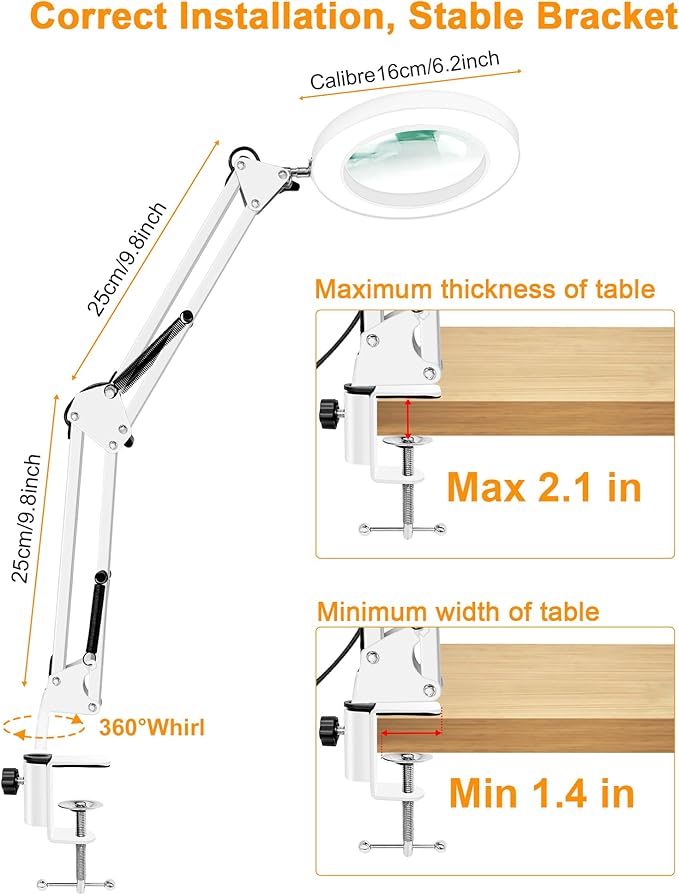 10X Magnifying Glass with Light and Clamp, 2-in-1 LED Magnifier Desk Lamp, 3 Color Modes 10 Level Dimmable, Hands-Free Lighted Magnifier for Craft Repair Nail Reading Close Works (White, Clamp)
