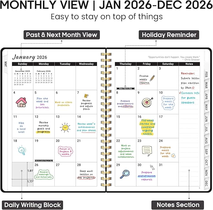2026 Planner 8.5" x 11", Weekly and Monthly Calendar Planner Book, January 2026 - December 2026, Hardcover Spiral Planner with Monthly Tabs, Notes Pages, Perfect for Women & Men, A4 - Black