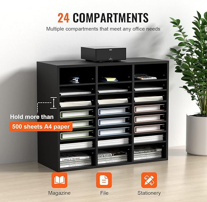 VEVOR Literature Organizers, 24 Compartments Office Mailbox with Adjustable Shelves, Wood Literature Sorter 29x12x24.4 inches for Office, Home, Classroom, Mailrooms Organization, EPA Certified Black