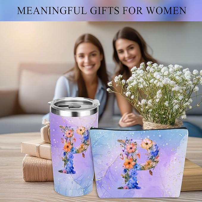 Personalized Gifts Monogrammed Birthday Gifts for Women, Mommy, Female Going Away Christmas, Initial 20 oz Tumbler, Makeup Cosmetic Bag Cup Pens Journal Notebook 6 Set, (Aesthetic Purple Flower P)