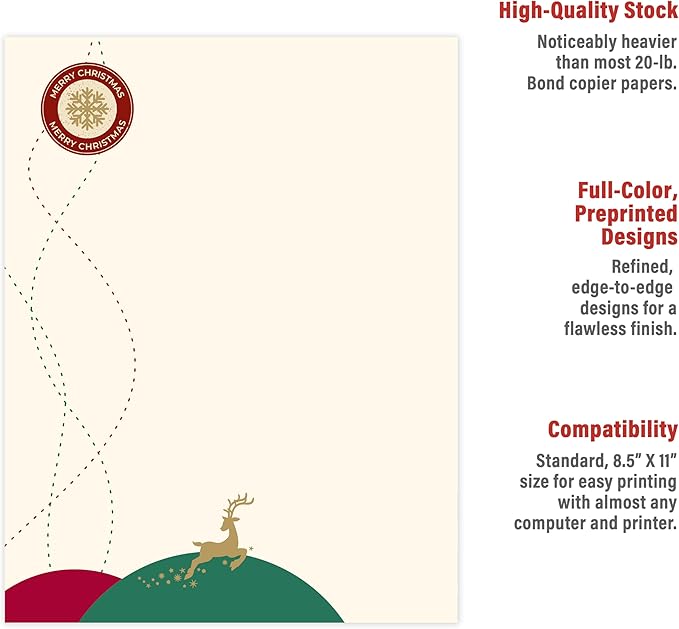 easykart labels Christmas Stationery Paper Letterhead Sheets 60 Pack Holiday Xmas Theme Design For Writing Letters Computer Office Notes & Printing Supplies Size 8.5" X 11"