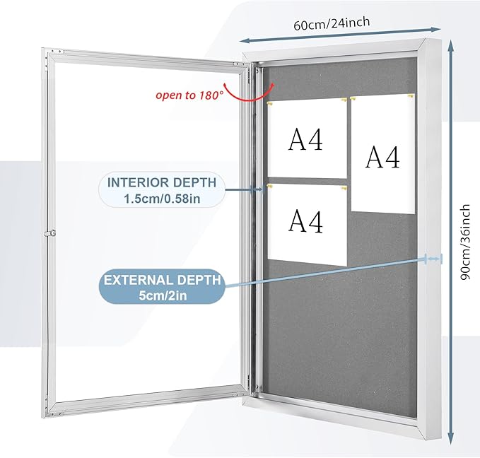 Outdoor Bulletin Board Weatherproof 36x24 in,Enclosed Bulletin Board with Locking Door, Wall Display Case for Office School Home Commercial, Silver Aluminum Frame, Gery Felt