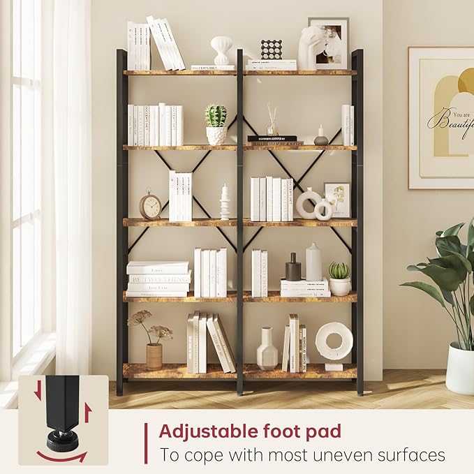 oneinmil 5 Tier Bookshelf Set of 2, 58.7'' Industrial Book Shelf, Wooden Bookshelves with 10 Open Display Shelves, Vintage Storage Rack, Standing Wide Bookcase for Home and Office, Rustic Brown