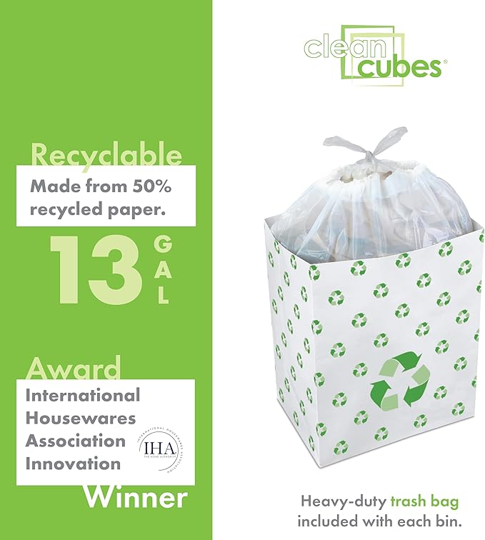 | 13 Gallon Disposable Trash Cans (3-Pack) with Fitted Trash Bags - Reusable Garbage and Recycling Bins for Parties, Events, and More (Recycle- 17" Height x 13.5" Width x 10" Depth)