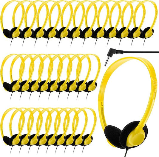 Yunsailing 30 Pack Class Set Headphones for Students Bulk School Headsets Earphones with 3.5mm Jack Classroom Must Haves Teacher Supplies for Adults Laptop Computer(Light Yellow)